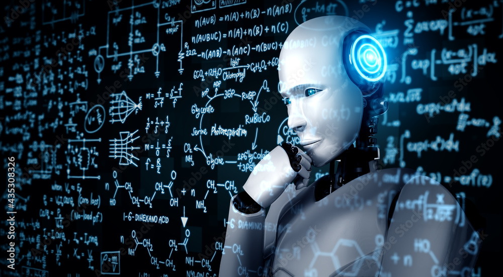 ภาพประกอบสต็อก Thinking AI humanoid robot analyzing screen of ...