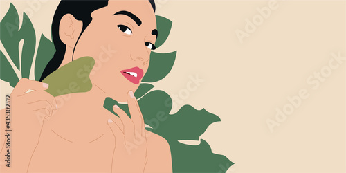 Young beautiful asian girl with gua sha massage tool. Skin care and beauty treatment vector concept.