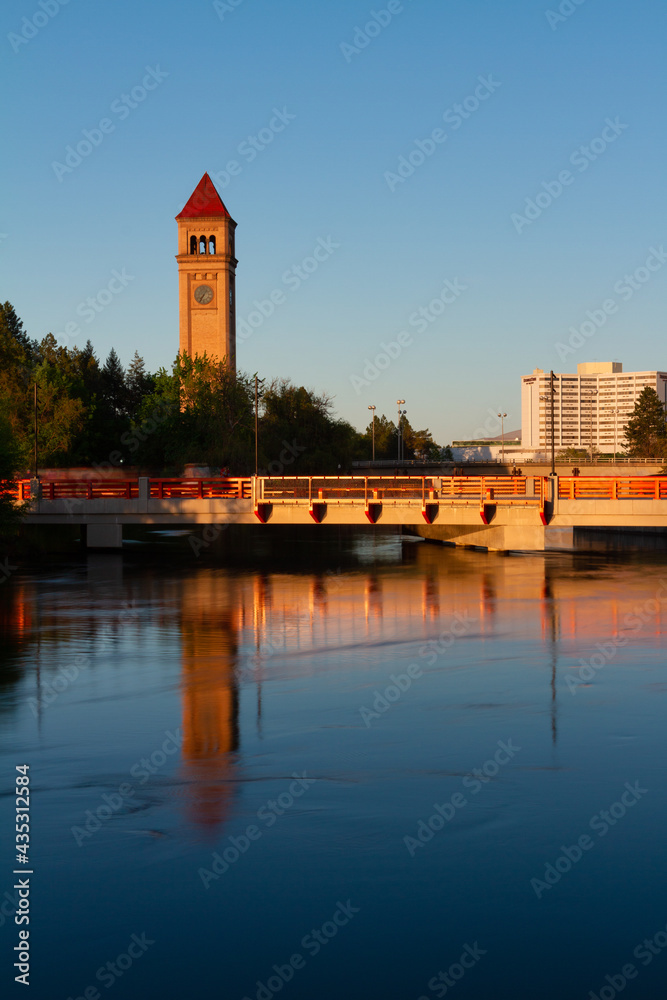 Clocktower reflected in the Spokane River