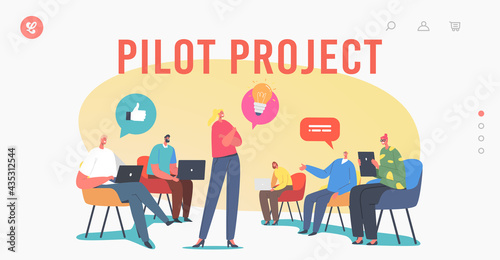 Pilot Project Landing Page Template. Business Characters Focus Group Work Together Developing Creative Ideas, Teamwork