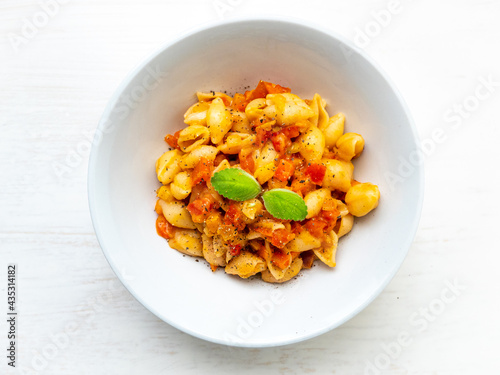 Shell Noodles with Tomato and Ratatouille Sauce in a White Background