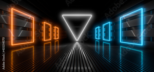 Fototapeta Naklejka Na Ścianę i Meble -  Sci Fy neon lamps in a dark hall. Reflections on the floor and walls. 3d rendering image.