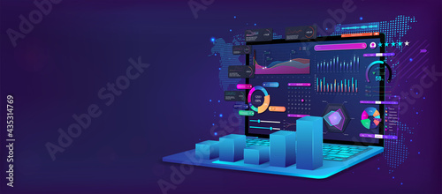 Business analysis and analytics online through the application on a laptop. Dashboard app with business analytics data, charts,  investment, trade and finance management. Vector illustration 