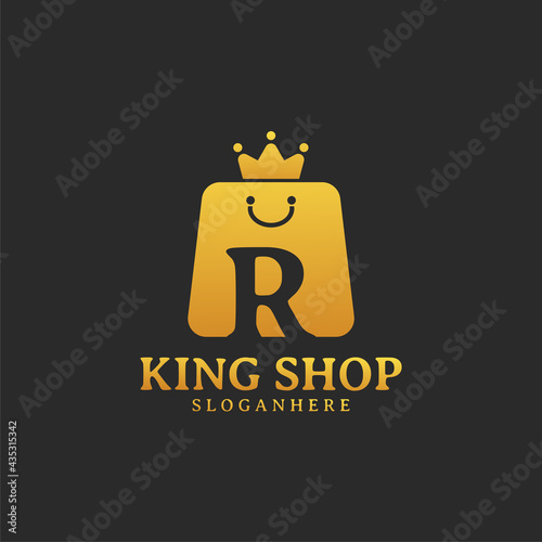 Initial letter R King Shop Logo Design Template. Illustration vector graphic. Design concept shop bag and crown With letter symbol.  Perfect for Ecommerce, sale, discount or store web element.