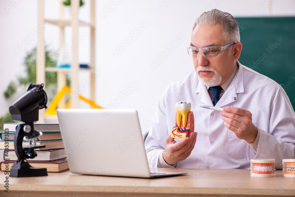 Old male doctor dentist in telestudying concept