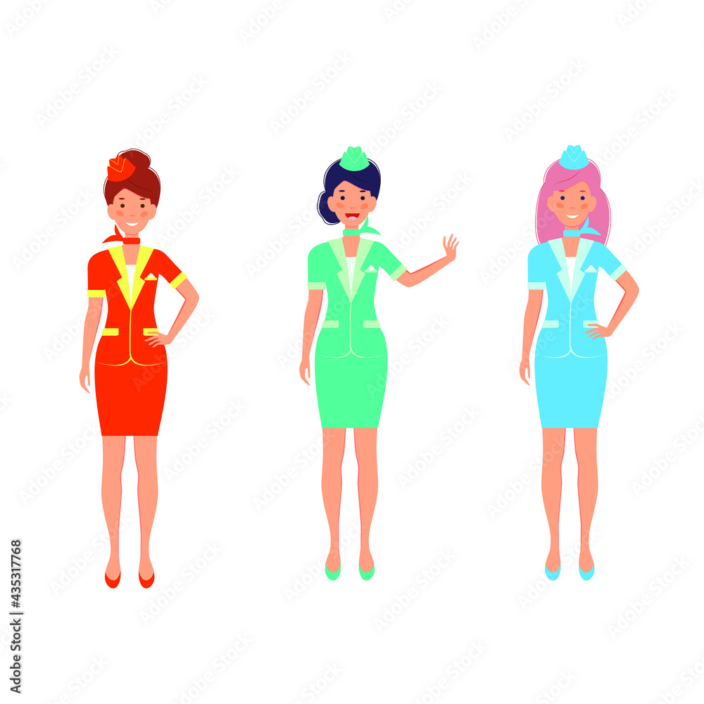 Stewardess characters. Various mascots in action poses. Airport and flight workers. Flight airline hostess, attendant in uniform service, vector illustration Stewardess characters. Various mascots in action poses. Airport and flight workers. Flight airline hostess, attendant in uniform service, vector illustration