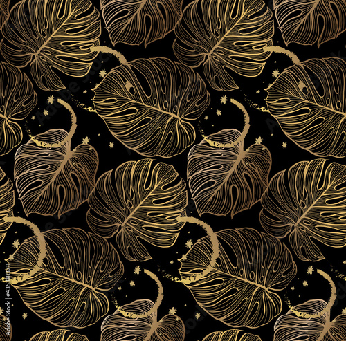 Wallpaper Mural Vector seamless pattern with gold and black tropical leaves on dark background. Torontodigital.ca