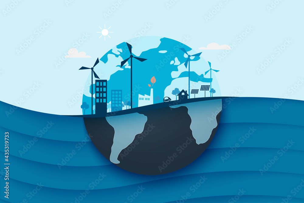 Blue ocean and eco city background.Ecology and Environment conservation resource sustainable concept.Vector illustration