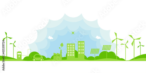 Ecology concept.Alternative renewable energy.Electric Car and Green eco city background.Environment conservation resource sustainable.