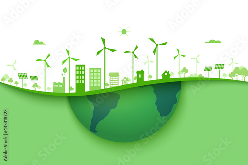 Green eco city background.Ecology and Environment conservation resource sustainable concept.Vector illustration.