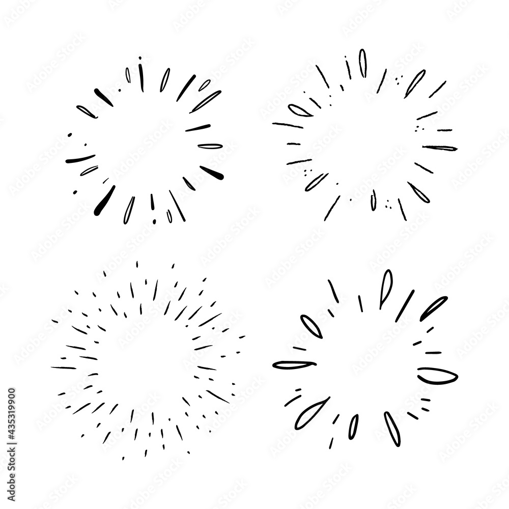 Obraz premium Star burst hand drawn doodles. Sunburst graphic design set. Handmade radial starburst illustrations.