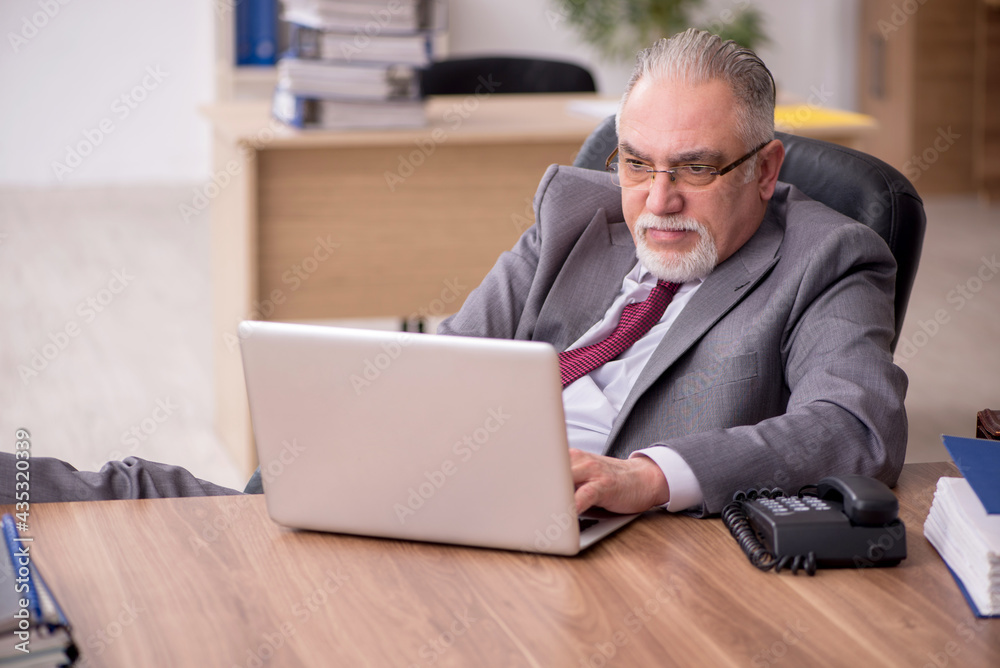 Old male employee working in the office Old male employee working in the office