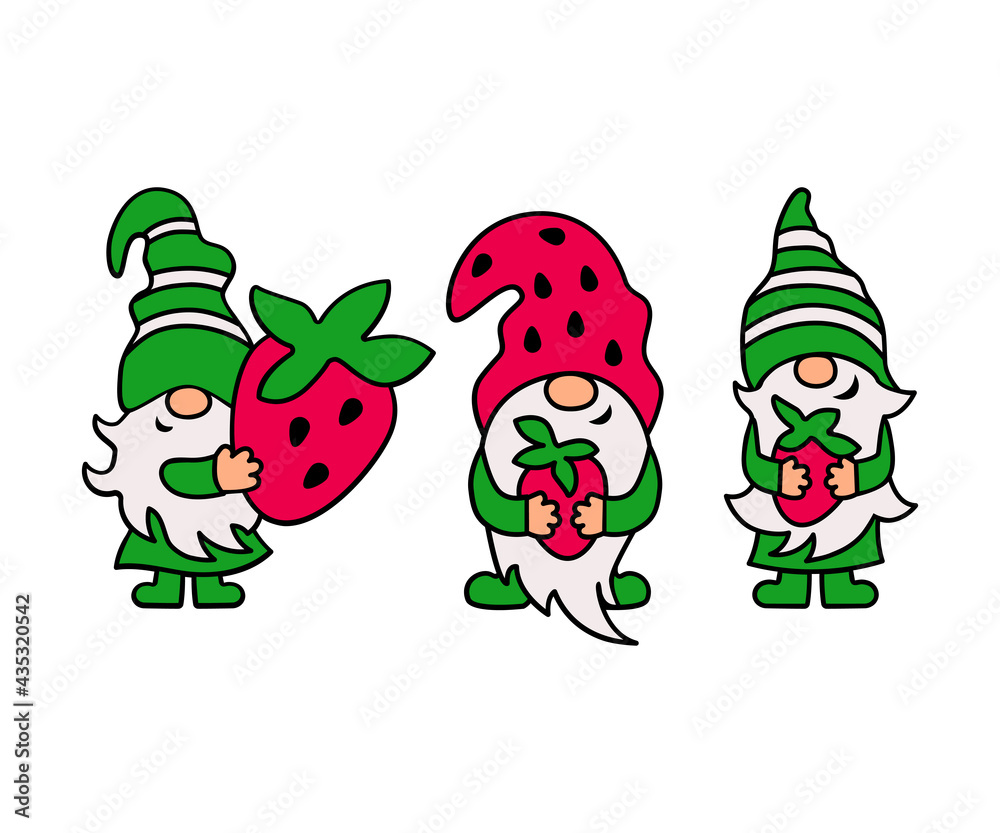 Three gnomes with strawberry on white background. Vector illustration.