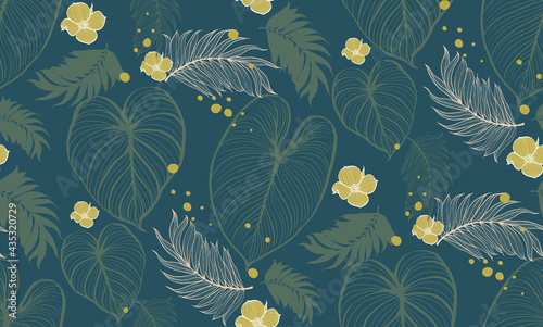 Natural fabric seamless pattern with tropical leaf palm . Vector illustration.