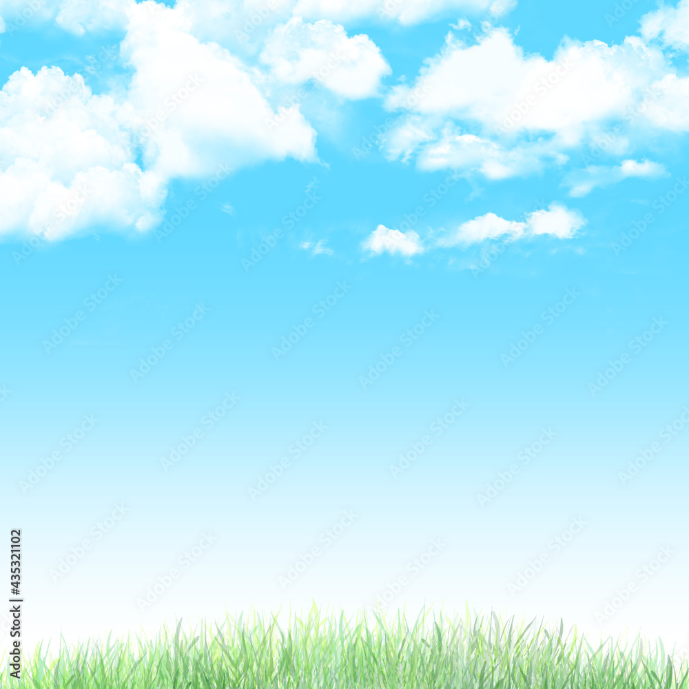 青空と雲と草原の背景(正方形)
