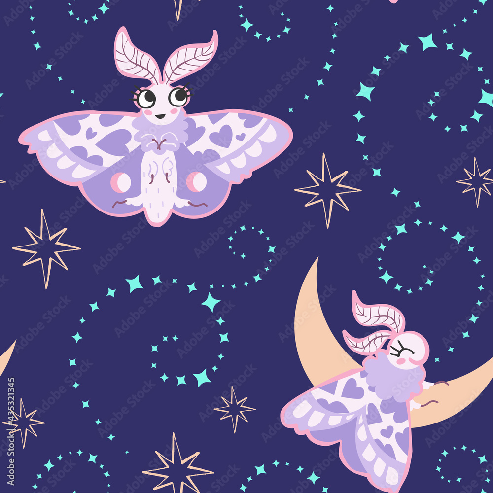 Vector celestial nocturnal seamless pattern with lavender moth butterflies on dark purple starry night sky with magic spells curves. Perfect for girls childish textile design. Vector celestial nocturnal seamless pattern with lavender moth butterflies on dark purple starry night sky with magic spells curves. Perfect for girls childish textile design.