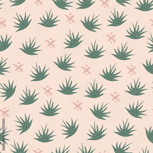Seamless powder pink background with cute little aloe plants and ethic ornament elements. Good for girls summer textile, cosmetic and travel designs.