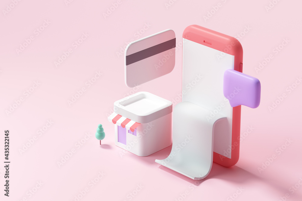 3D Online shopping on smartphone application service, digital marketing, online buying, and online payment concept. 3d banner background. 3D Online shopping on smartphone application service, digital marketing, online buying, and online payment concept. 3d banner background.