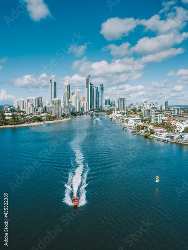 An aerial view of Surfers Paradise and the Jetboat Extreme boat as it gets read to go fast