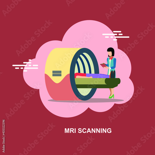 MRI scanning of young guy done by female doctor standing besides and taking care of patient during scanning flat concept design