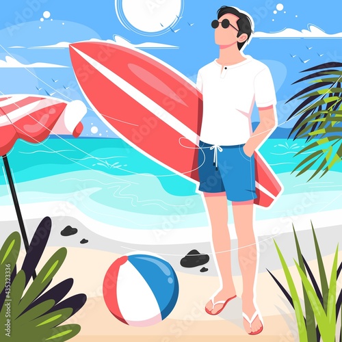 Boy Posing With Surfboard on beach illustration
