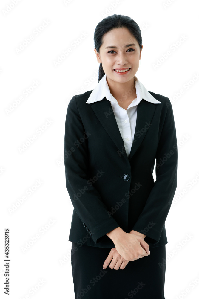 Portrait closeup isolated cut out shot of Asian young friendly successful female lawyer businesswoman in black formal suit stand smiling hold hands crossed arms on waist in front white background Portrait closeup isolated cut out shot of Asian young friendly successful female lawyer businesswoman in black formal suit stand smiling hold hands crossed arms on waist in front white background
