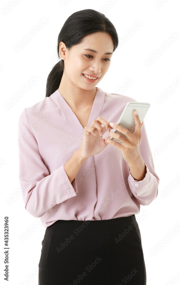 Portrait closeup isolated cutout shot of Asian happy pretty friendly successful female office worker employee standing and using smartphone for business communication Portrait closeup isolated cutout shot of Asian happy pretty friendly successful female office worker employee standing and using smartphone for business communication