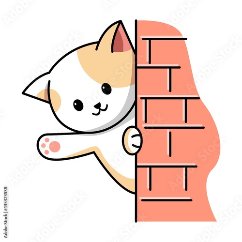 Cute cat hide behind wall cartoon illustration