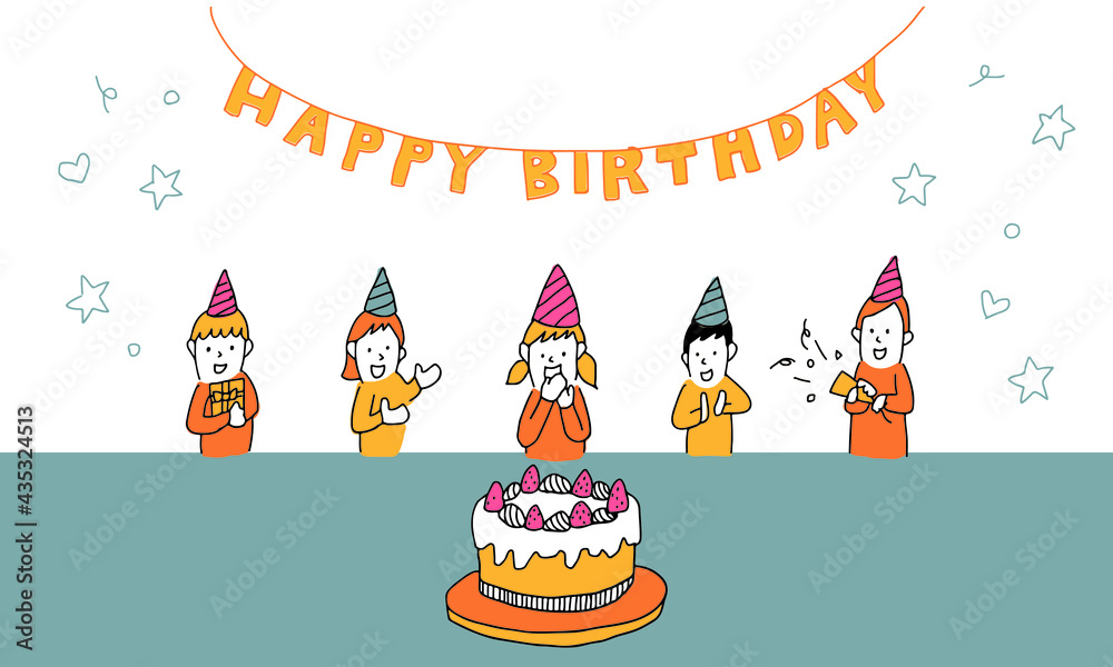 誕生日パーティでケーキを囲んで友達とお祝いする子供たちのイラスト Stock Vector Adobe Stock