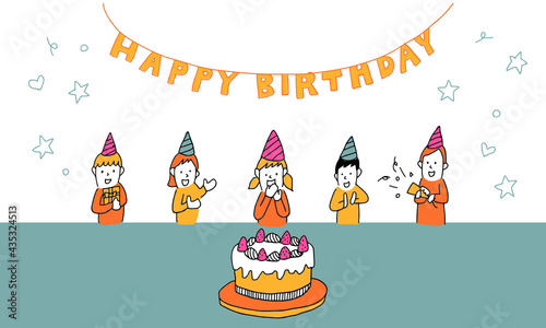 誕生日パーティでケーキを囲んで友達とお祝いする子供たちのイラスト