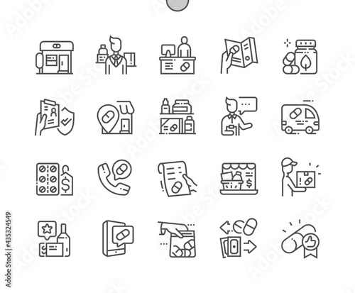 Pharmacy. Herbal pill. Delivery medicines. Online pharmacy. Health care, medical and medicine. Pixel Perfect Vector Thin Line Icons. Simple Minimal Pictogram