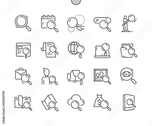 Search. Magnifier, exploration, magnifying, optimization, magnify. Real estate search. People search. Pixel Perfect Vector Thin Line Icons. Simple Minimal Pictogram