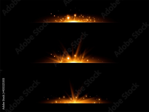 Gold horizontal lens flares set. Isolated on black background. Sun flash with rays or gold spotlight and bokeh. Yellow glow flare light effect. Vector illustration.