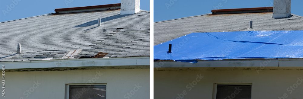 Before and after temporary repair on a badly storm damaged roof on a house with a big leaky hole in the shingles and rooftop on left and covered hole with blue plastic tarp on right. - obrazy, fototapety, plakaty 