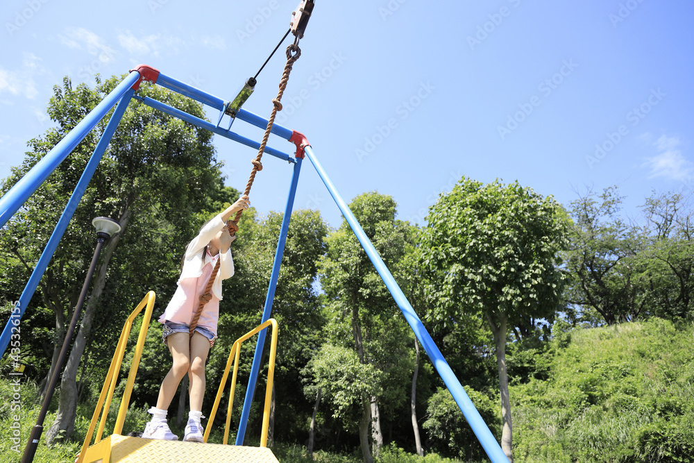 Fototapeta premium ターザンロープで遊ぶ女子小学生 (6歳)