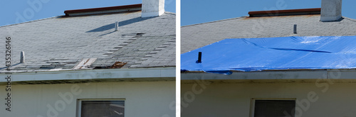 Valokuva Before and after temporary repair on a badly storm damaged roof on a house with a big leaky hole in the shingles and rooftop on left and covered hole with blue plastic tarp on right