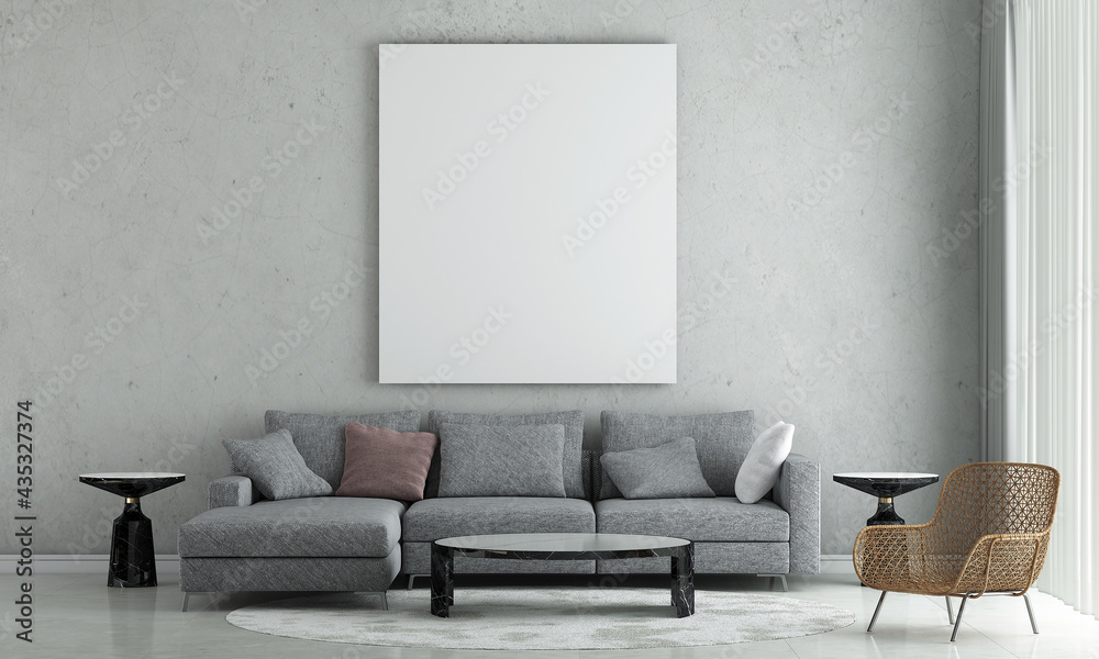 Fototapeta premium The interior design decoration and mock up furniture of modern living room and empty canvas frame on concrete wall texture background, 3D rendering