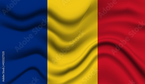 Abstract waving flag of Romania with curved fabric background. Creative realistic waving flag of Romania vector background