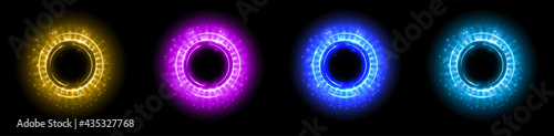 Set of color hologram portal. Magic fantasy portal. Magic circle with halo effect. Vector color glow scifi teleport with sparks and hologram, technology background.