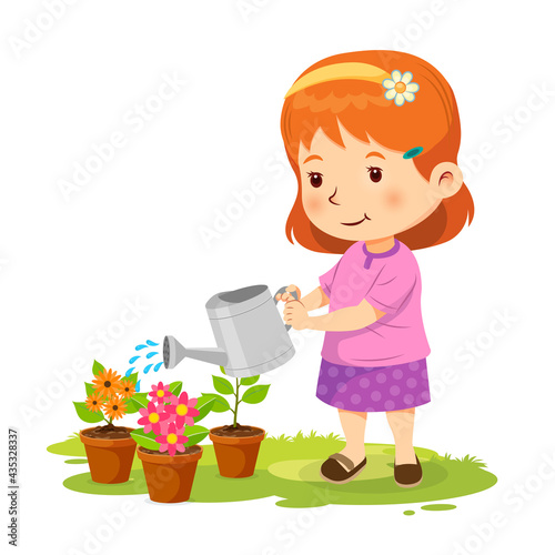Cute girl watering the plants. Vector illustration