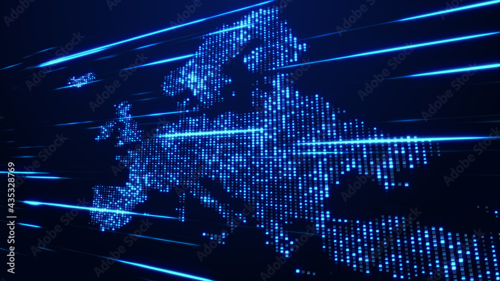 Abstract Futuristic Blue Shinny Square Mosaic Map Of Europe Perspective View With Horizontal Light Streaks Abstract Futuristic Blue Shinny Square Mosaic Map Of Europe Perspective View With Horizontal Light Streaks