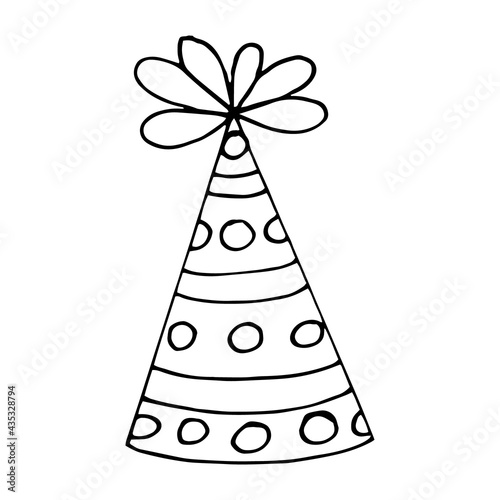 party hat with circles and stripes. hand drawn doodle style. vector, minimalism, monochrome. festive funny.