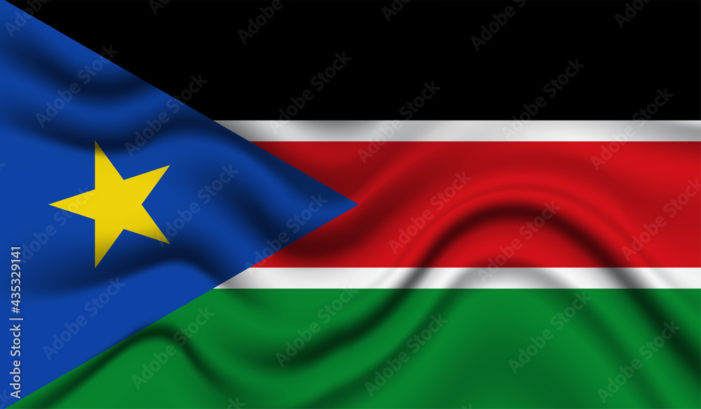 Obraz premium Abstract waving flag of South Sudan with curved fabric background. Creative realistic waving flag of South Sudan vector background