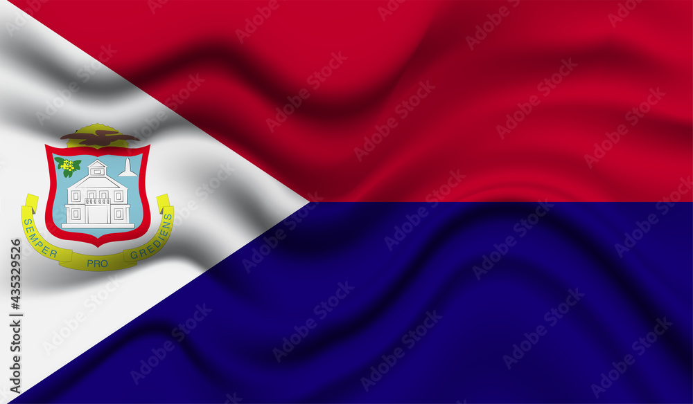 Fototapeta premium Abstract waving flag of Saint Martin with curved fabric background. Creative realistic waving flag of Saint Martin vector background