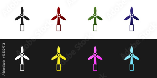 Set Wind turbine icon isolated on black and white background. Wind generator sign. Windmill for electric power production. Vector