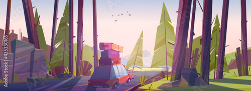 Car travel, road trip at summer vacation, holidays journey on automobile with bags on roof going at countryside speedway with forest trees at early morning. Family camping, cartoon vector illustration