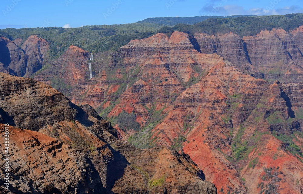      waipo'o falls   as seen from waimea canyon overlook , kauai, hawaii, on a sunny day    
