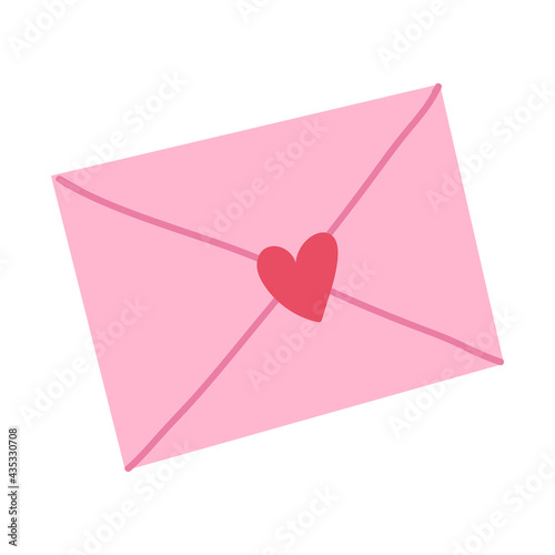 Cute ove letter,pink envelop with heart.Vector hand drawn cartoon