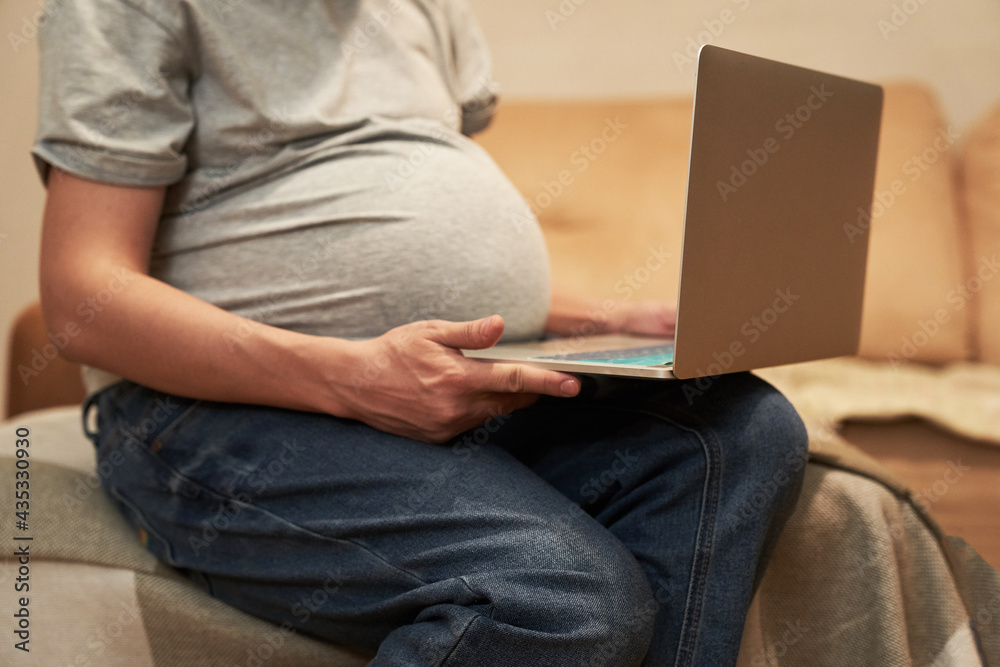 Pregnant woman at home is sitting with laptop, concept: online shopping or home office. High quality photo Pregnant woman at home is sitting with laptop, concept: online shopping or home office. High quality photo