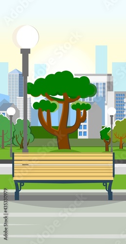 Bench. City park area. Trees, shrubs and lanterns. Beautiful summer cityscape in restrained colors. A place to relax, walk and date. Beautiful background picture. Lawn. Vector